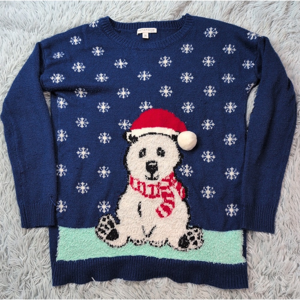 Notations Sweater Womens Blue M Petite Holiday Christmas Polar Bear Ugly Sweater